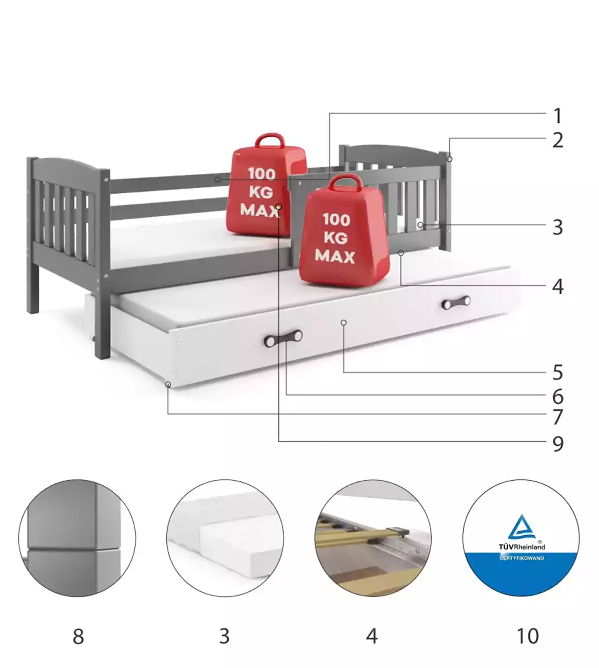 Composants pour Lit ado gigogne Jacquot 80X190 avec matelas et tiroir, gris/blanc Composants pour Lit ado gigogne Jacquot 80X190 avec matelas et tiroir, gris/blanc