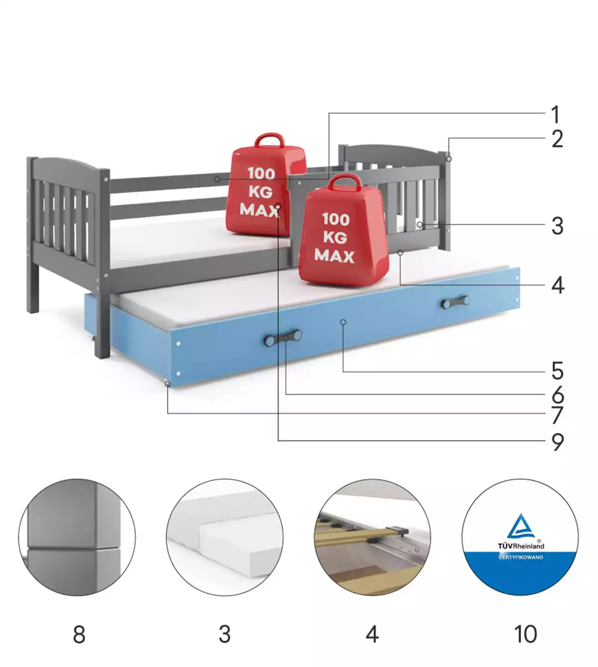 Composants pour Lit ado gigogne Jacquot 80X190 avec matelas et tiroir, gris/bleu Composants pour Lit ado gigogne Jacquot 80X190 avec matelas et tiroir, gris/bleu