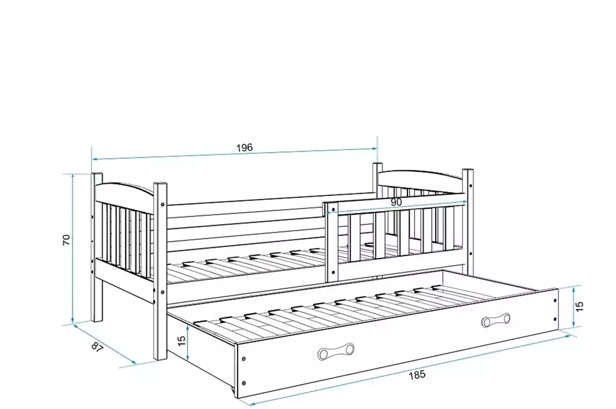 Dimensions et spécifications pour Lit ado gigogne Jacquot 80X190 avec matelas et tiroir, pin/bleu Dimensions et spécifications pour Lit ado gigogne Jacquot 80X190 avec matelas et tiroir, pin/bleu