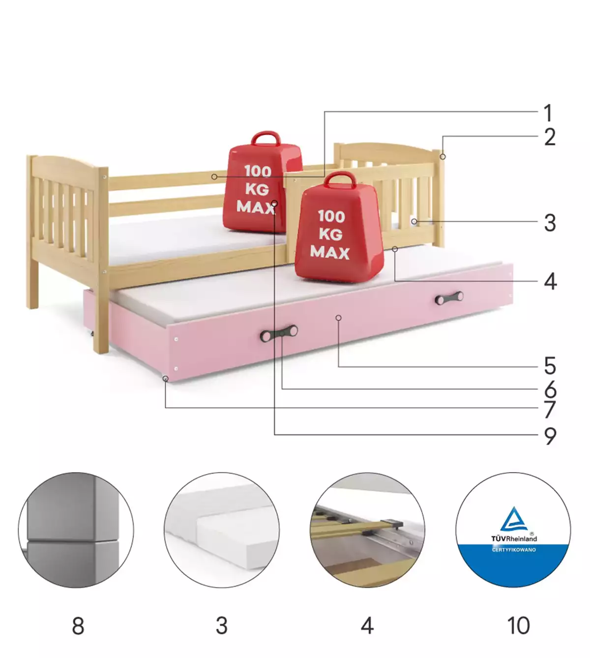 Composants pour Lit ado gigogne Jacquot 80X190 avec matelas et tiroir, pin/rose Composants pour Lit ado gigogne Jacquot 80X190 avec matelas et tiroir, pin/rose