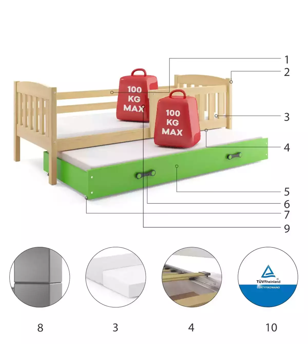 Composants pour Lit ado gigogne Jacquot 80X190 avec matelas et tiroir, pin/vert Composants pour Lit ado gigogne Jacquot 80X190 avec matelas et tiroir, pin/vert
