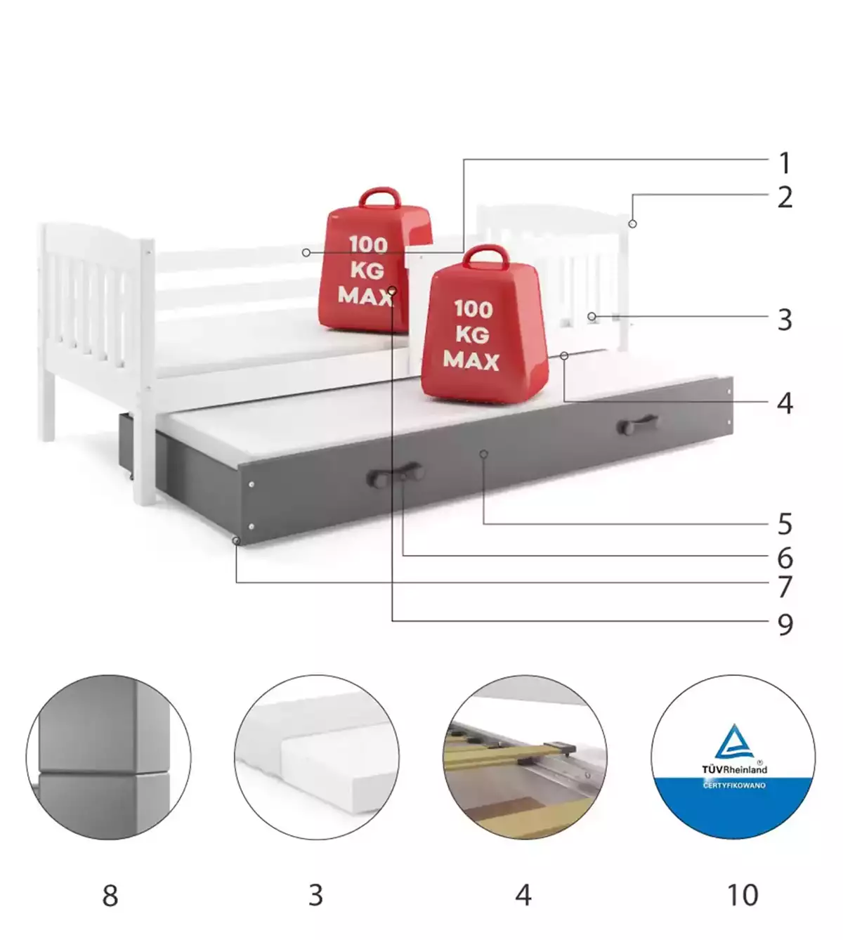 Composants pour Lit ado gigogne Jacquot 90X190 avec matelas et tiroir, blanc/gris Composants pour Lit ado gigogne Jacquot 90X190 avec matelas et tiroir, blanc/gris