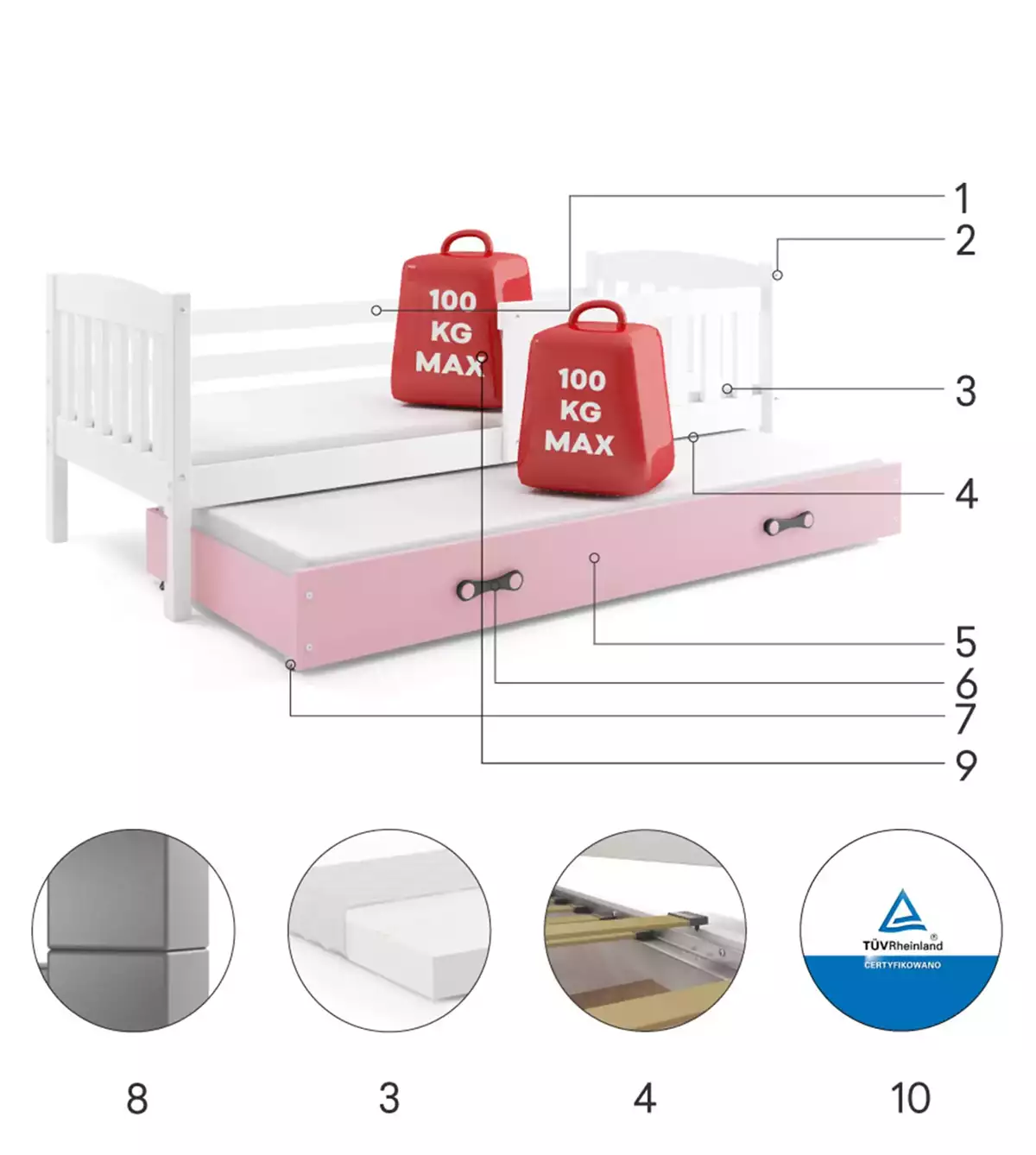Composants pour Lit ado gigogne Jacquot 90X190 avec matelas et tiroir, blanc/rose Composants pour Lit ado gigogne Jacquot 90X190 avec matelas et tiroir, blanc/rose