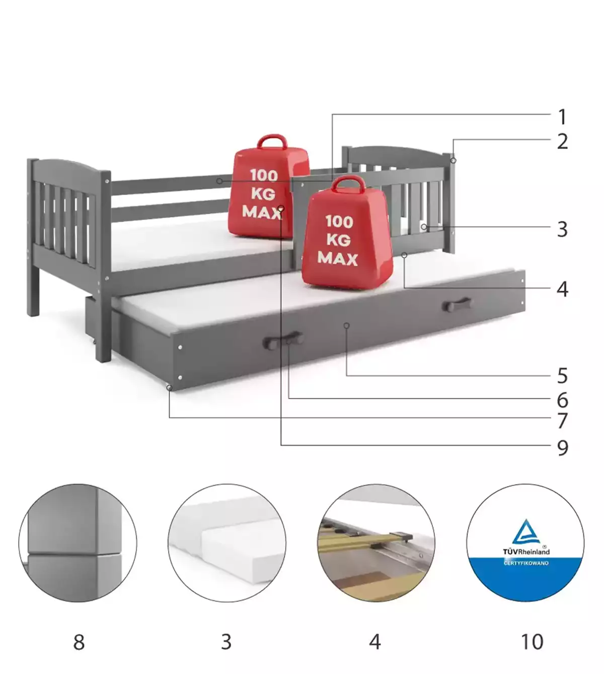 Composants pour Lit ado gigogne Jacquot 90X190 avec matelas et tiroir, gris Composants pour Lit ado gigogne Jacquot 90X190 avec matelas et tiroir, gris