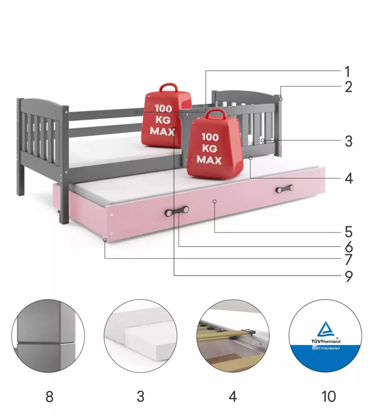 Composants pour Lit ado gigogne Jacquot 90X190 avec matelas et tiroir, gris/rose Composants pour Lit ado gigogne Jacquot 90X190 avec matelas et tiroir, gris/rose