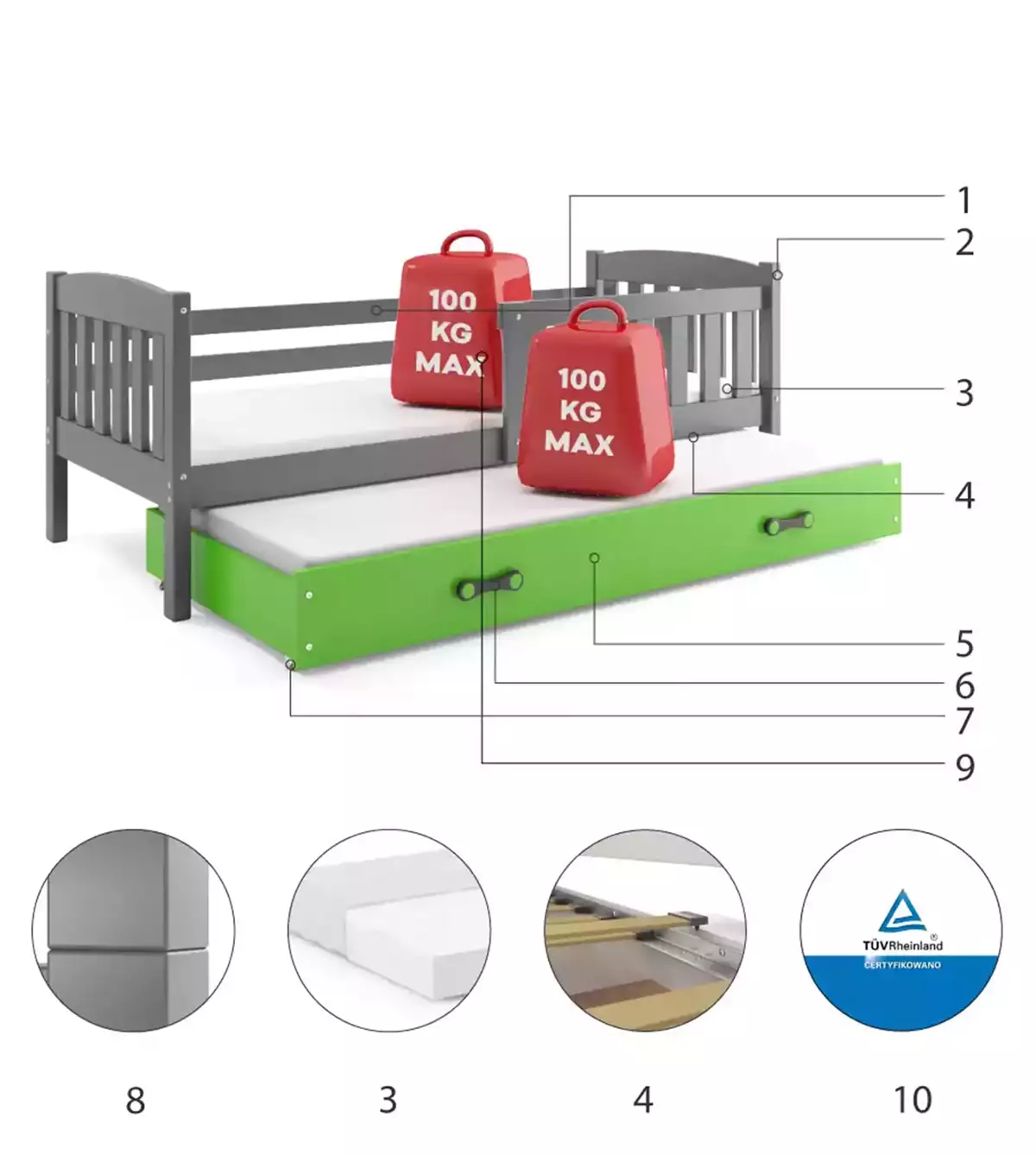 Composants pour Lit ado gigogne Jacquot 90X190 avec matelas et tiroir, gris/vert Composants pour Lit ado gigogne Jacquot 90X190 avec matelas et tiroir, gris/vert
