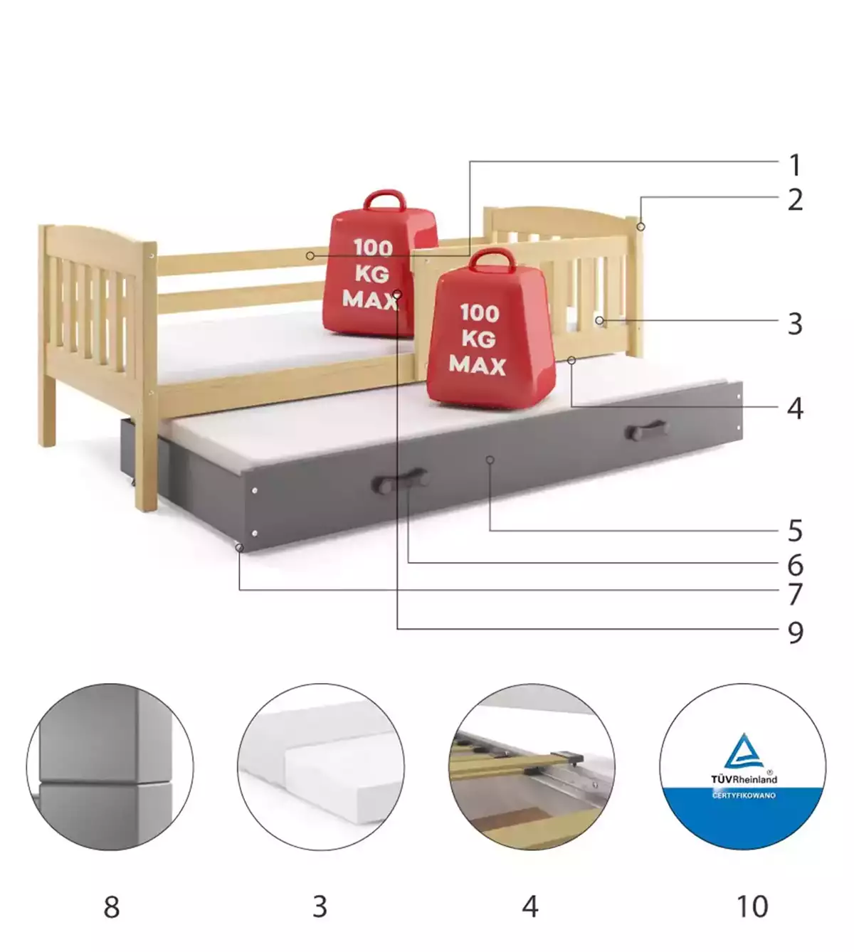 Composants pour Lit ado gigogne Jacquot 90X190 avec matelas et tiroir, pin/gris Composants pour Lit ado gigogne Jacquot 90X190 avec matelas et tiroir, pin/gris