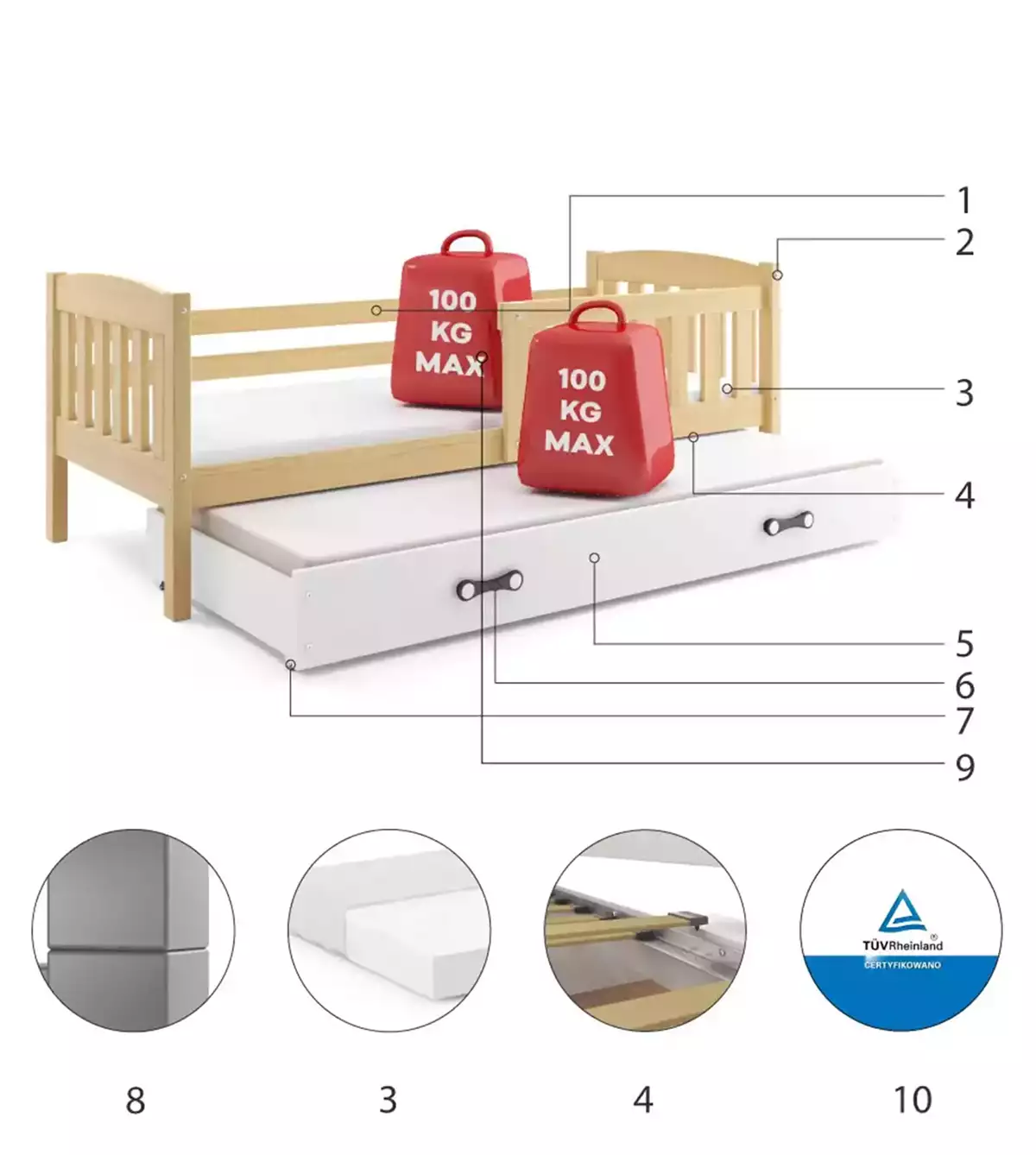 Composants pour Lit ado gigogne Jacquot 90X200 avec matelas et tiroir, pin/blanc Composants pour Lit ado gigogne Jacquot 90X200 avec matelas et tiroir, pin/blanc