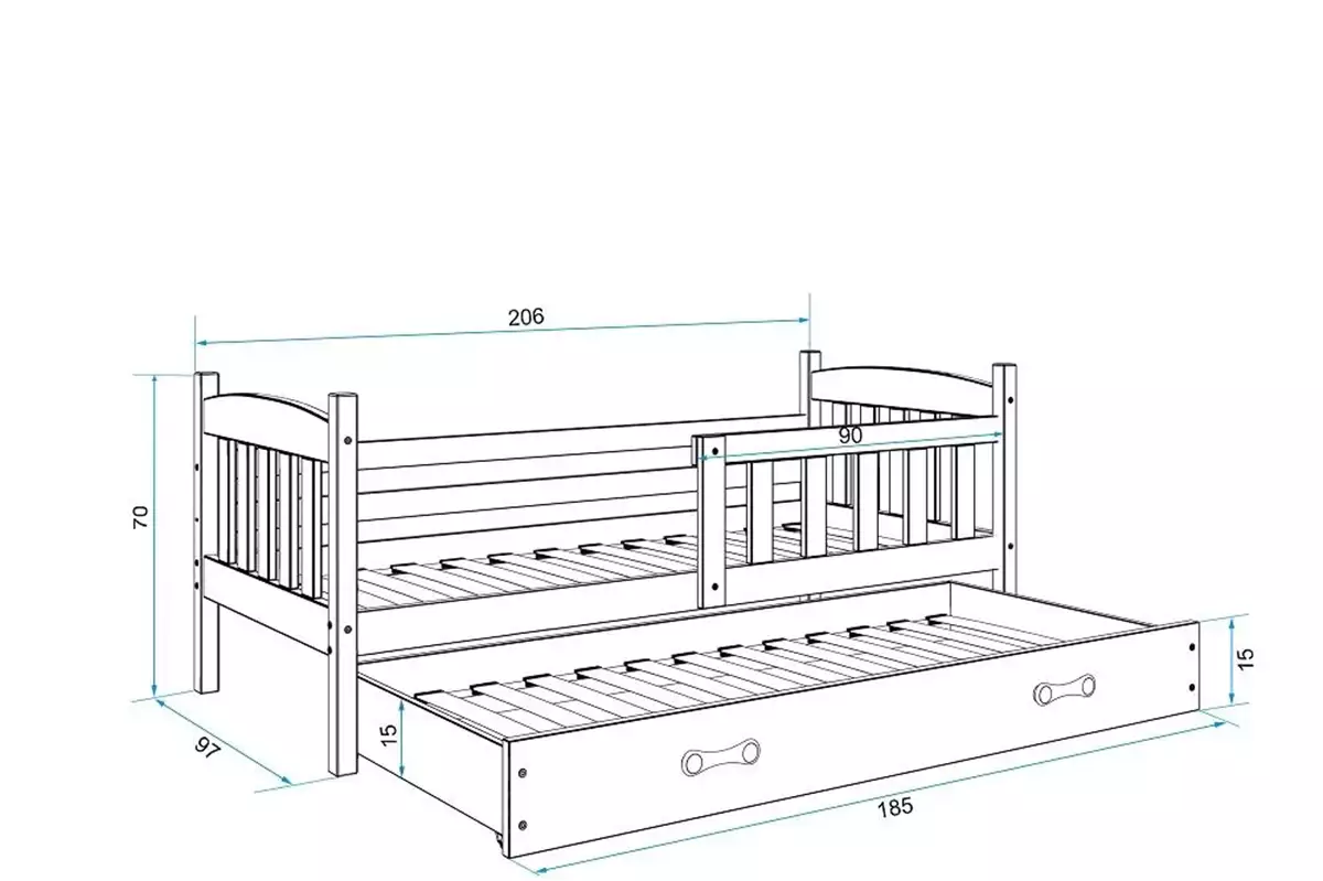 Dimensions et spécifications pour Lit ado gigogne Jacquot 90X200 avec matelas et tiroir, pin/vert Dimensions et spécifications pour Lit ado gigogne Jacquot 90X200 avec matelas et tiroir, pin/vert