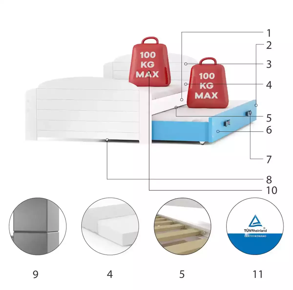 Composants pour Lit ado gigogne Lili 90X200 avec matelas et tiroir, blanc/bleu Composants pour Lit ado gigogne Lili 90X200 avec matelas et tiroir, blanc/bleu