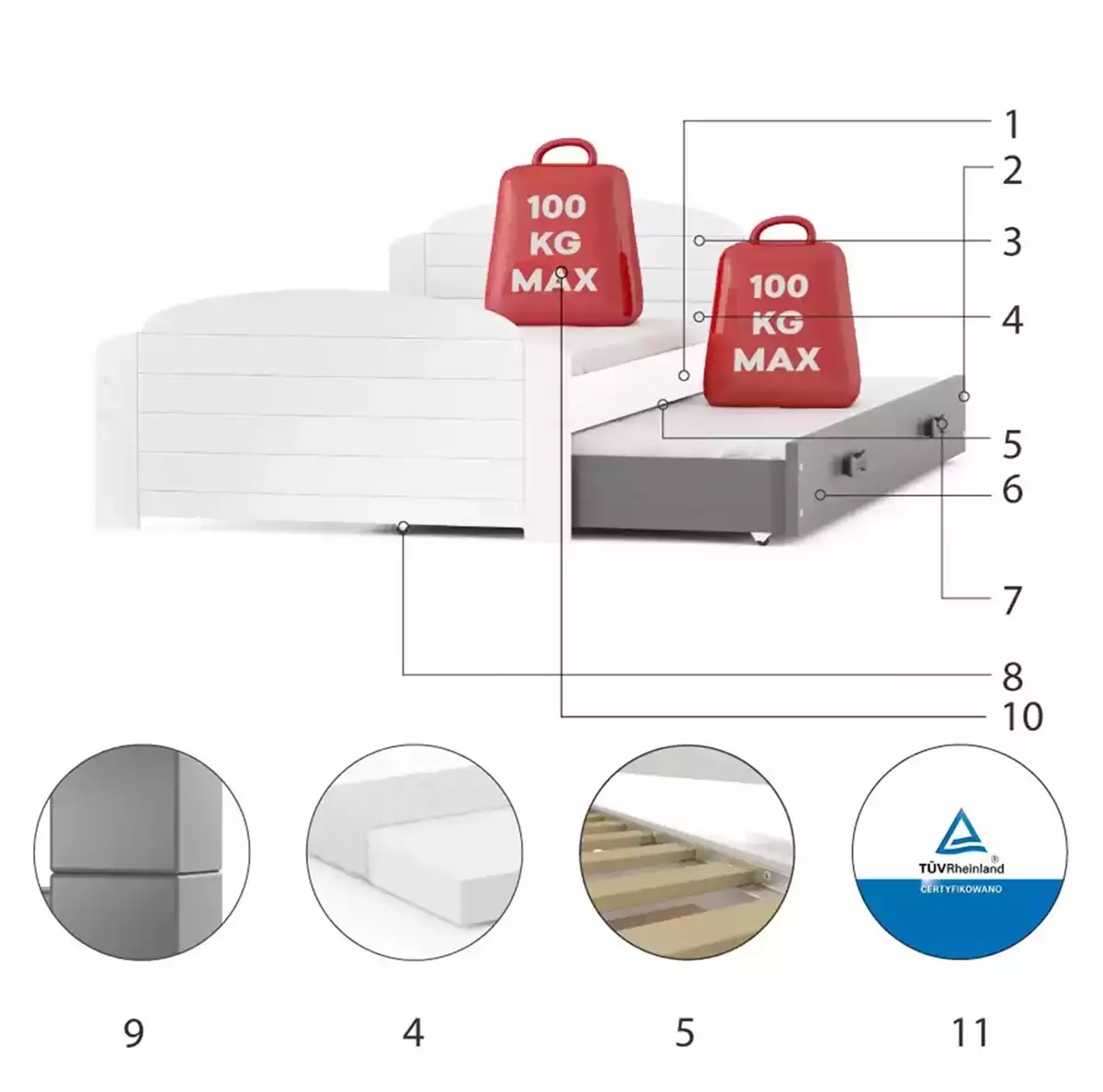 Composants pour Lit ado gigogne Lili 90X200 avec matelas et tiroir, blanc/gris Composants pour Lit ado gigogne Lili 90X200 avec matelas et tiroir, blanc/gris