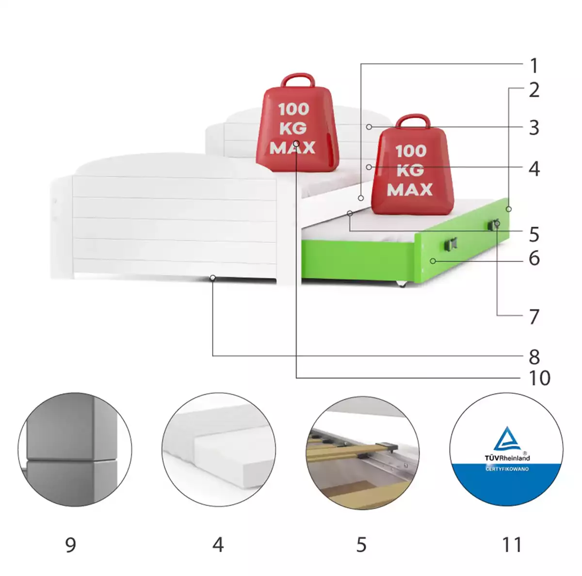 Composants pour Lit ado gigogne Lili 90X200 avec matelas et tiroir, blanc/vert Composants pour Lit ado gigogne Lili 90X200 avec matelas et tiroir, blanc/vert