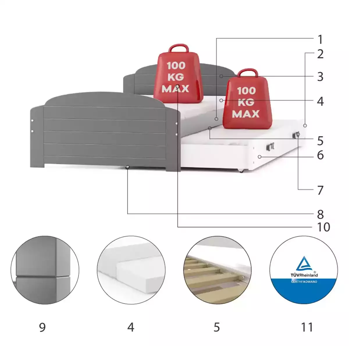 Composants pour Lit ado gigogne Lili 90X200 avec matelas et tiroir, gris/blanc Composants pour Lit ado gigogne Lili 90X200 avec matelas et tiroir, gris/blanc
