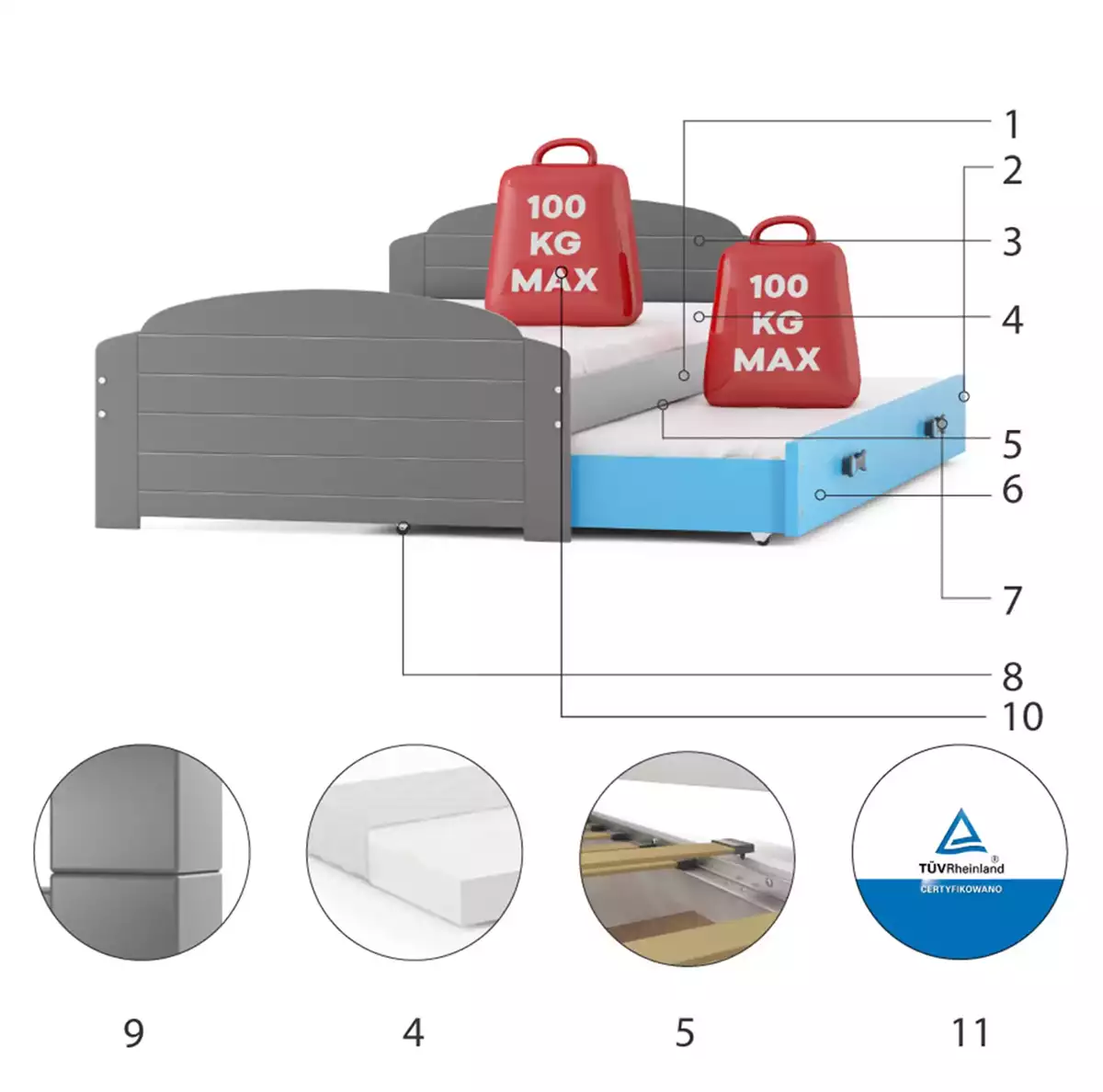Composants pour Lit ado gigogne Lili 90X200 avec matelas et tiroir, gris/bleu Composants pour Lit ado gigogne Lili 90X200 avec matelas et tiroir, gris/bleu