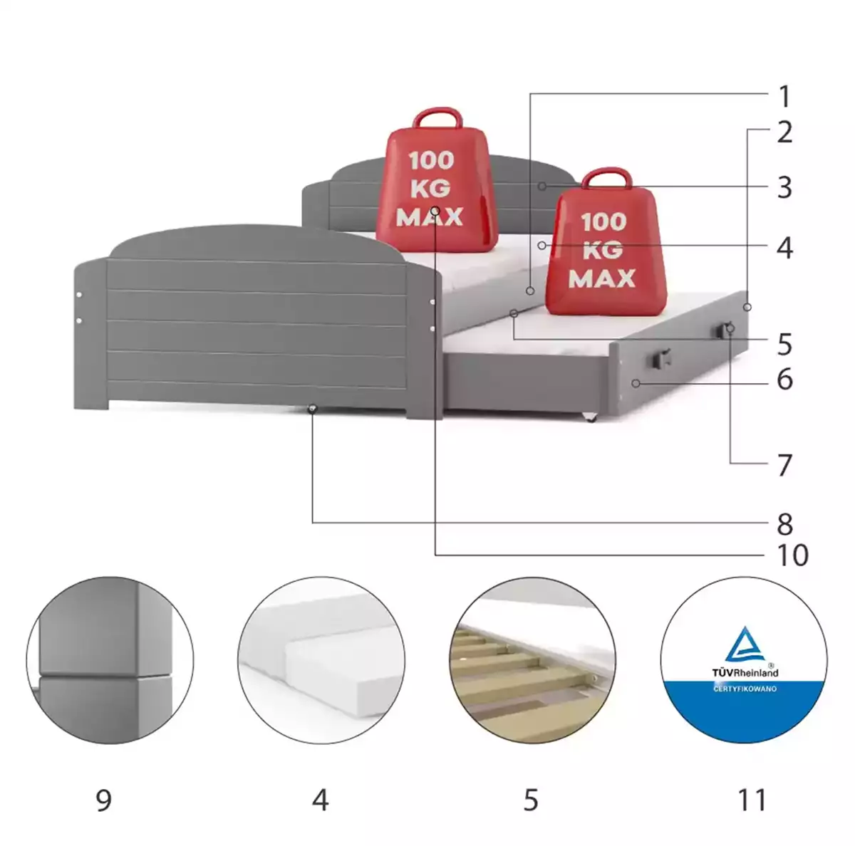 Composants pour Lit ado gigogne Lili 90X200 avec matelas et tiroir, gris Composants pour Lit ado gigogne Lili 90X200 avec matelas et tiroir, gris