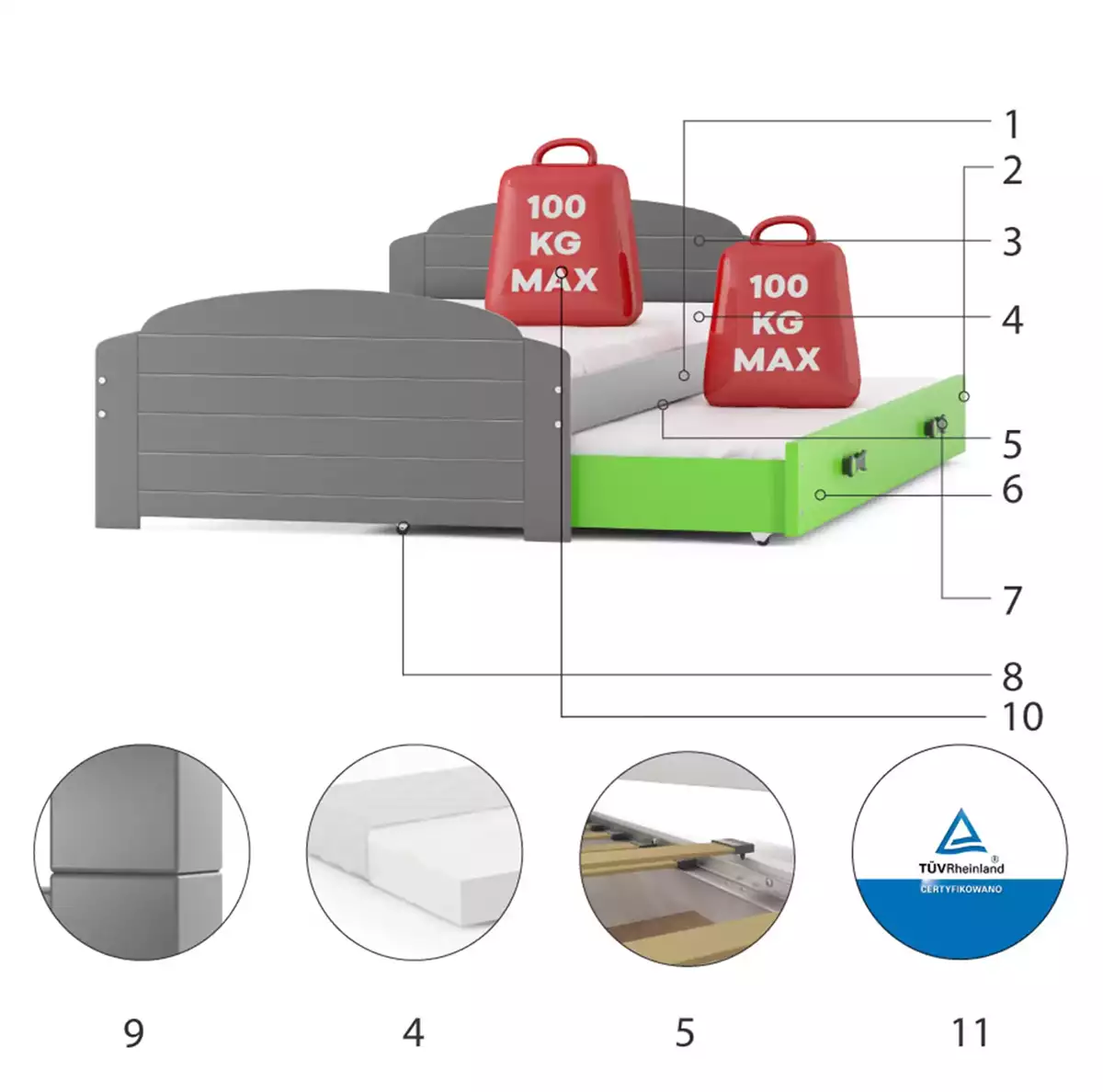 Composants pour Lit ado gigogne Lili 90X200 avec matelas et tiroir, gris/vert Composants pour Lit ado gigogne Lili 90X200 avec matelas et tiroir, gris/vert