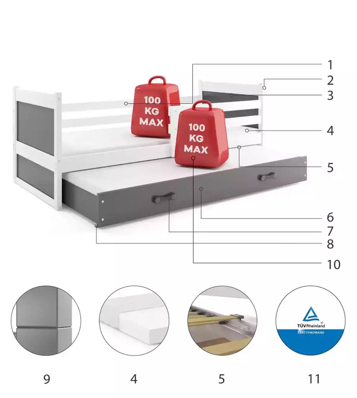 Composants pour Lit ado gigogne Rico 80X190 avec matelas et tiroir, blanc/gris Composants pour Lit ado gigogne Rico 80X190 avec matelas et tiroir, blanc/gris