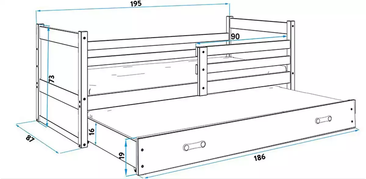 Dimensions et spécifications pour Lit ado gigogne Rico 80X190 avec matelas et tiroir, pin/bleu Dimensions et spécifications pour Lit ado gigogne Rico 80X190 avec matelas et tiroir, pin/bleu