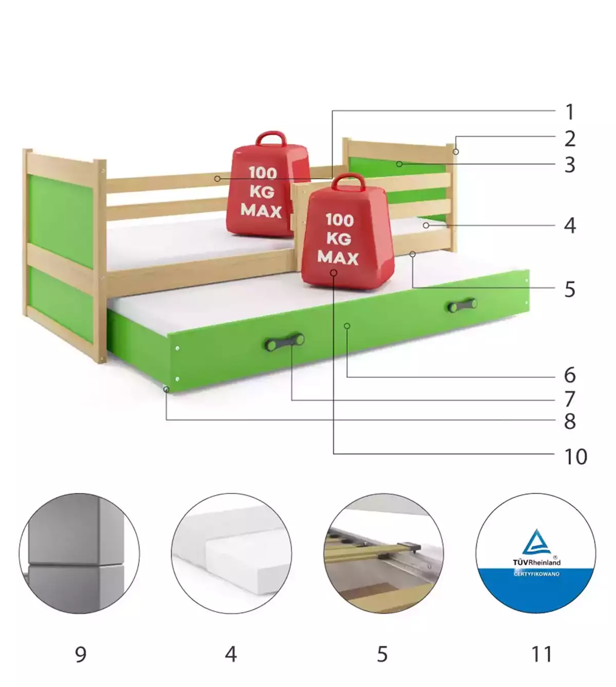 Composants pour Lit ado gigogne Rico 80X190 avec matelas et tiroir, pin/vert Composants pour Lit ado gigogne Rico 80X190 avec matelas et tiroir, pin/vert