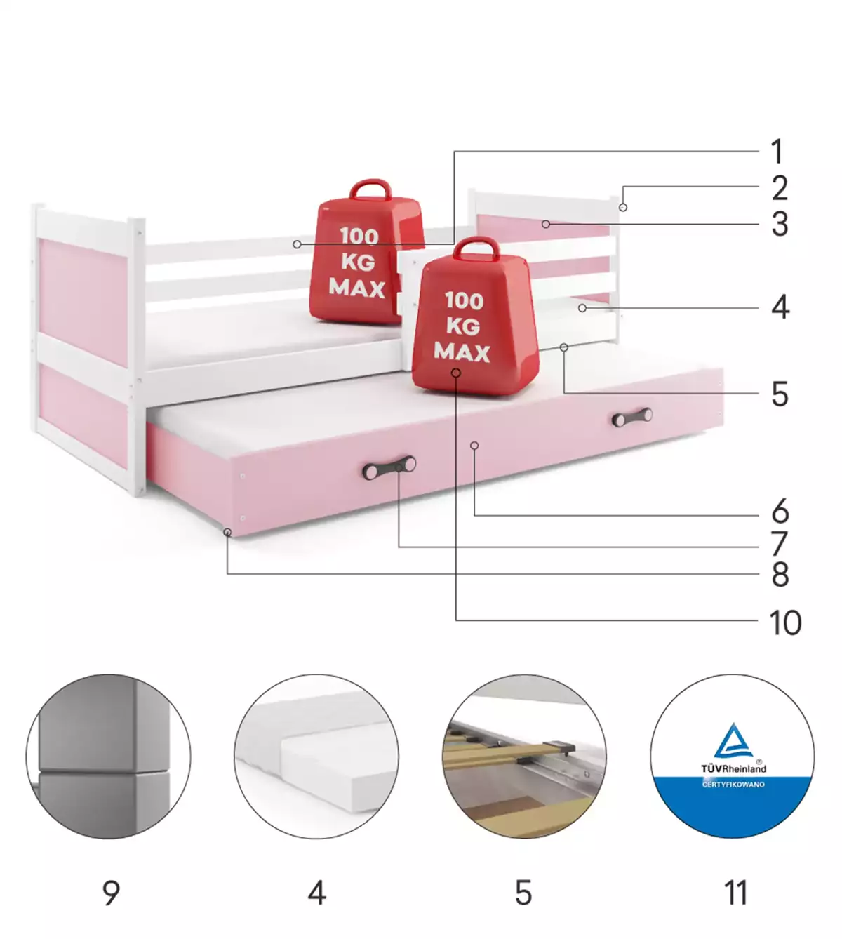 Composants pour Lit ado gigogne Rico 90X190 avec matelas et tiroir, blanc/rose Composants pour Lit ado gigogne Rico 90X190 avec matelas et tiroir, blanc/rose