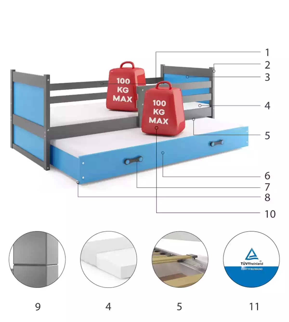Composants pour Lit ado gigogne Rico 90X190 avec matelas et tiroir, gris/bleu Composants pour Lit ado gigogne Rico 90X190 avec matelas et tiroir, gris/bleu
