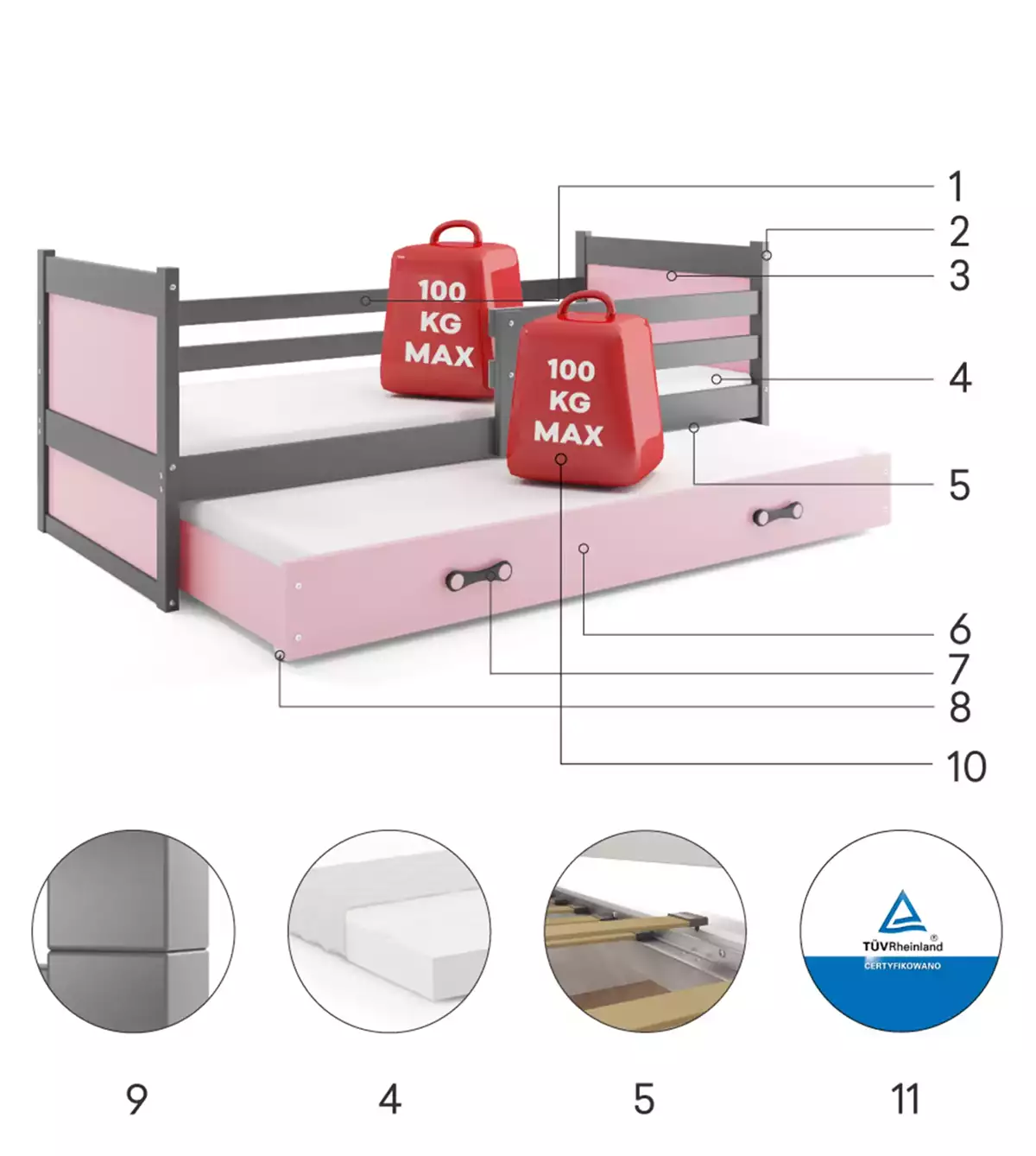Composants pour Lit ado gigogne Rico 90X190 avec matelas et tiroir, gris/rose Composants pour Lit ado gigogne Rico 90X190 avec matelas et tiroir, gris/rose