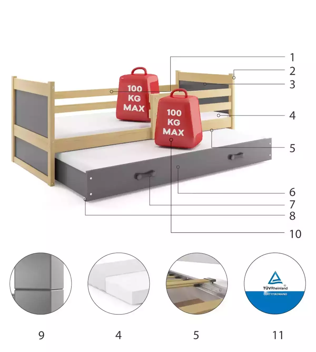 Composants pour Lit ado gigogne Rico 90X190 avec matelas et tiroir, pin/gris Composants pour Lit ado gigogne Rico 90X190 avec matelas et tiroir, pin/gris
