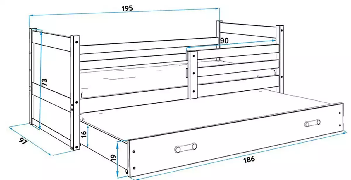 Dimensions et spécifications pour Lit ado gigogne Rico 90X190 avec tiroir, blanc/vert Dimensions et spécifications pour Lit ado gigogne Rico 90X190 avec tiroir, blanc/vert