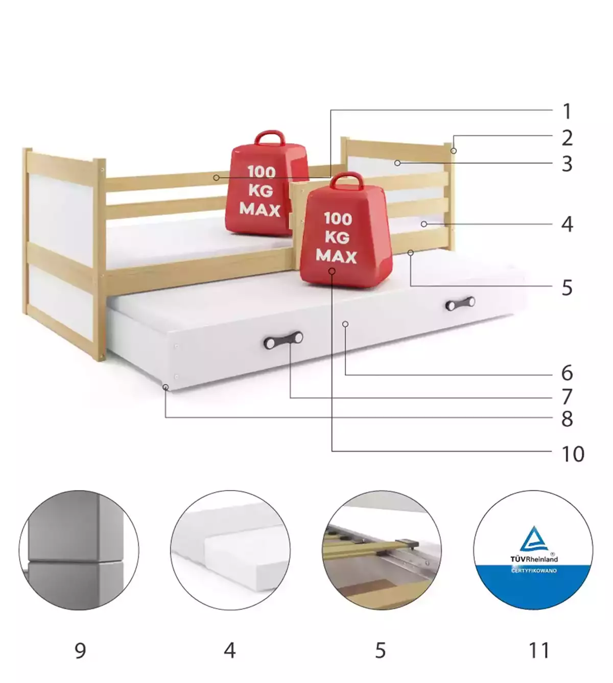 Composants pour Lit ado gigogne Rico 90X190 avec tiroir, pin/blanc Composants pour Lit ado gigogne Rico 90X190 avec tiroir, pin/blanc