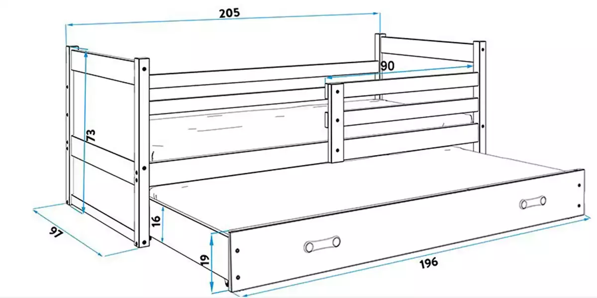 Dimensions et spécifications pour Lit ado gigogne Rico 90x200 avec matelas et tiroir, blanc/vert Dimensions et spécifications pour Lit ado gigogne Rico 90x200 avec matelas et tiroir, blanc/vert