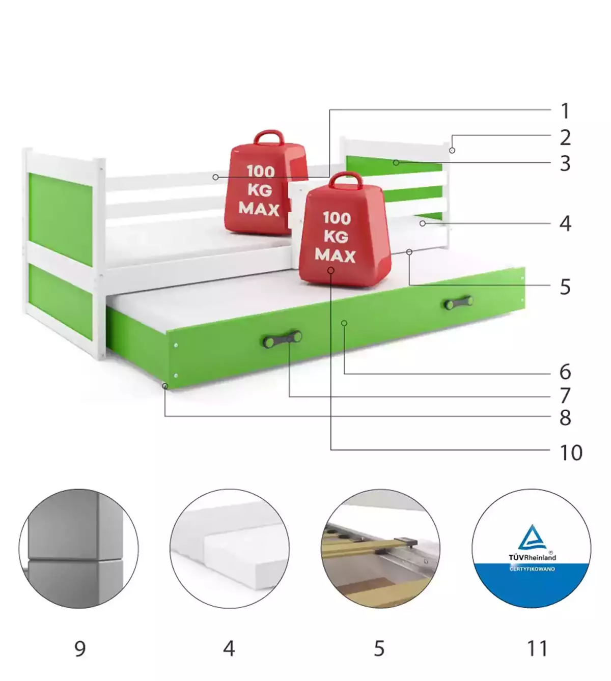 Composants pour Lit ado gigogne Rico 90x200 avec matelas et tiroir, blanc/vert Composants pour Lit ado gigogne Rico 90x200 avec matelas et tiroir, blanc/vert