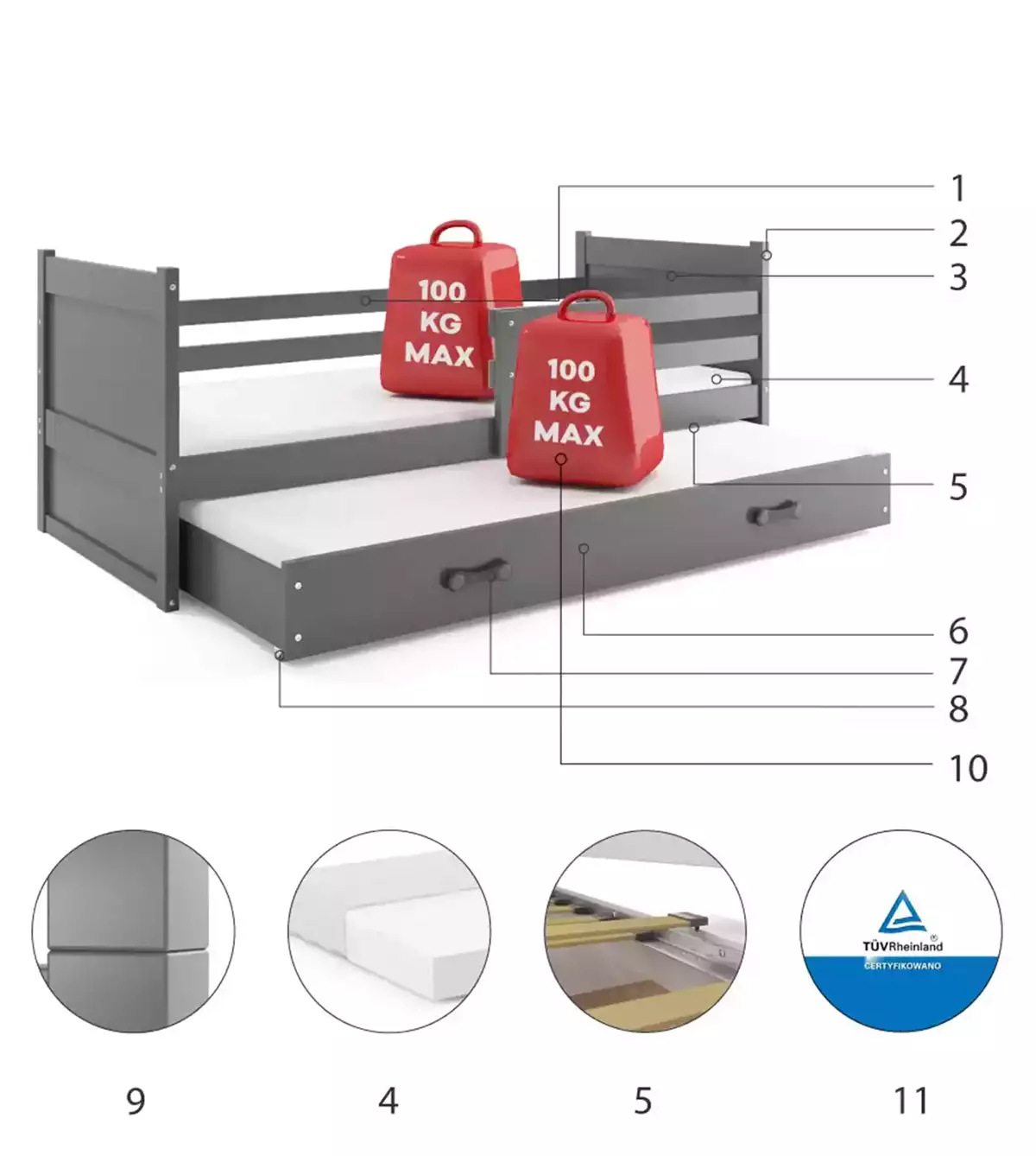 Composants pour Lit ado gigogne Rico 90X200 avec tiroir, gris Composants pour Lit ado gigogne Rico 90X200 avec tiroir, gris