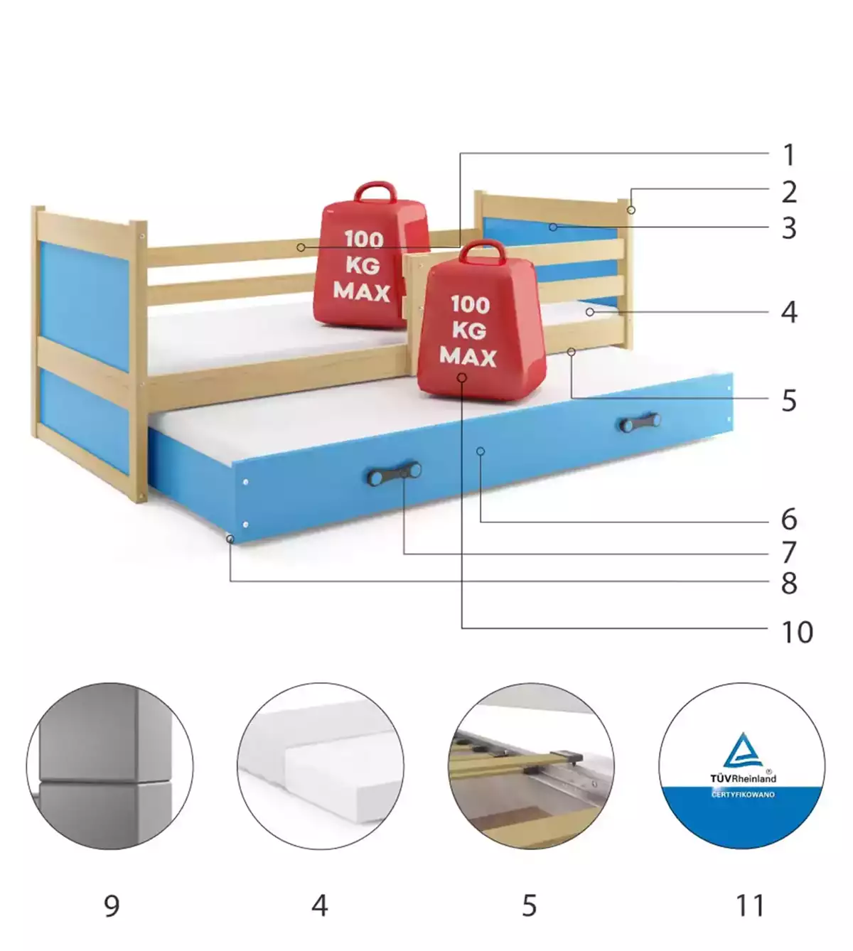 Composants pour Lit ado gigogne Rico 90X200 avec tiroir, pin/bleu Composants pour Lit ado gigogne Rico 90X200 avec tiroir, pin/bleu