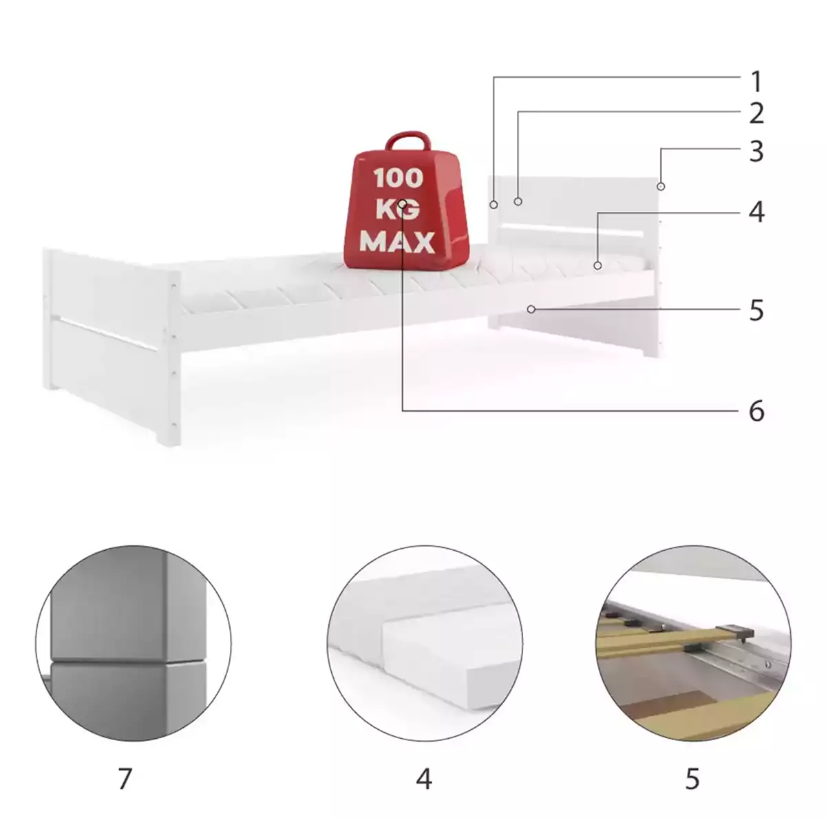 Composants pour Lit ado simple Bart 90X200 avec matelas, blanc Composants pour Lit ado simple Bart 90X200 avec matelas, blanc