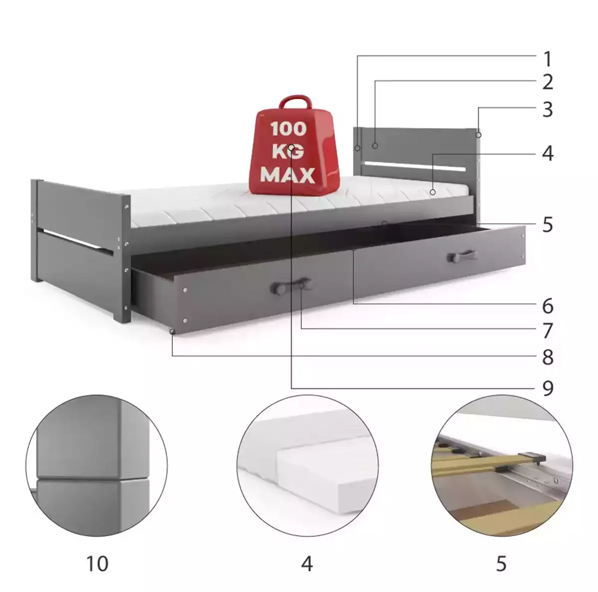 Composants pour Lit ado simple Bart 90X200 avec matelas et tiroir, gris Composants pour Lit ado simple Bart 90X200 avec matelas et tiroir, gris