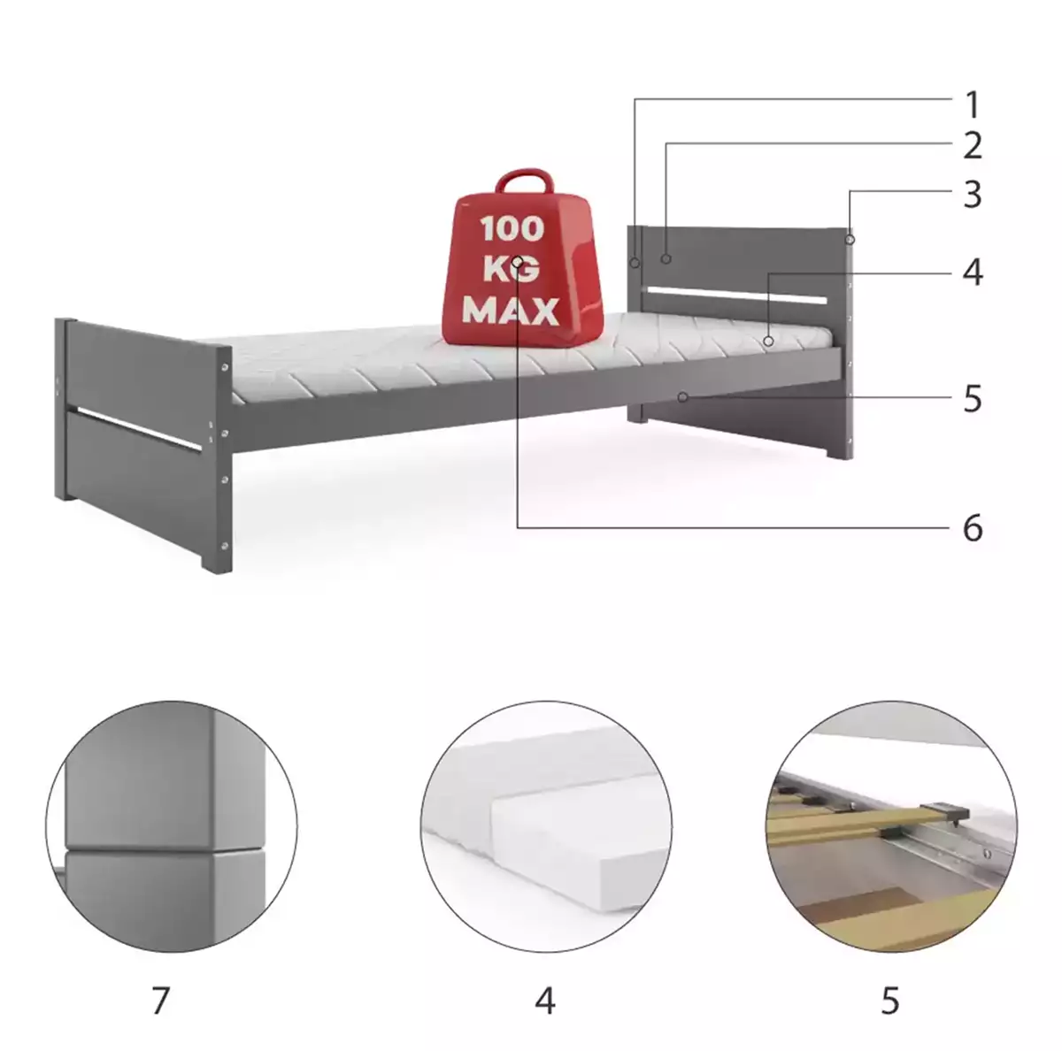 Composants pour Lit ado simple Bart 90X200 avec matelas, gris Composants pour Lit ado simple Bart 90X200 avec matelas, gris