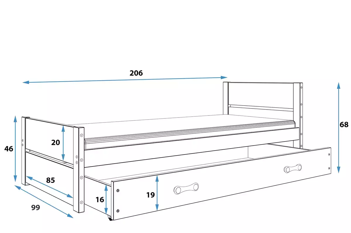 Dimensions et spécifications pour Lit ado simple Bart 90X200 avec tiroir, blanc Dimensions et spécifications pour Lit ado simple Bart 90X200 avec tiroir, blanc