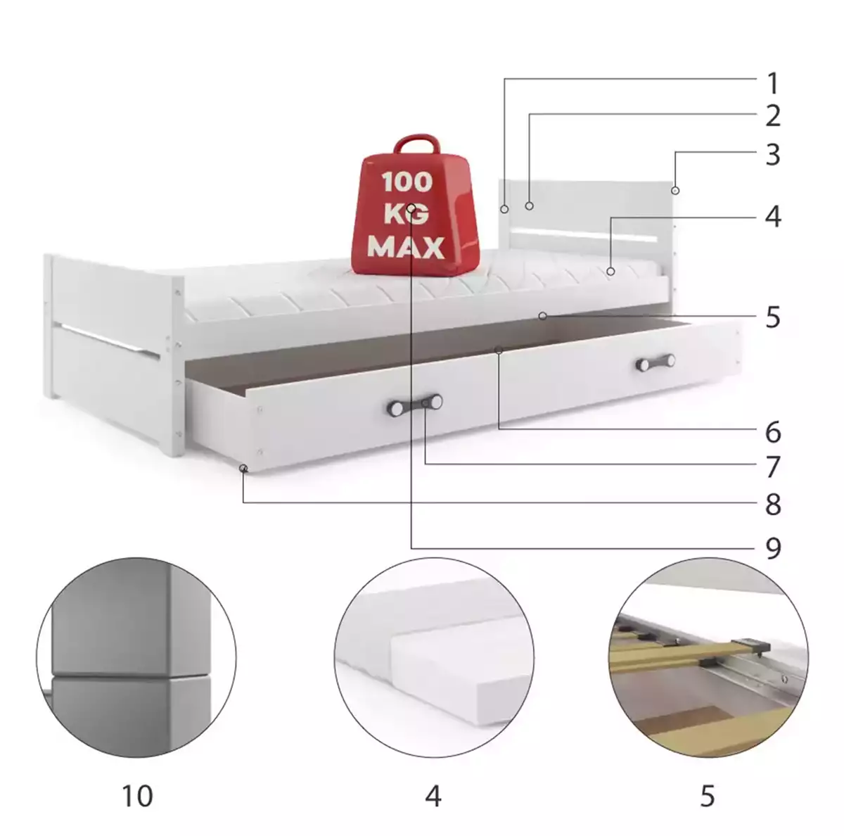 Composants pour Lit ado simple Bart 90X200 avec tiroir, blanc Composants pour Lit ado simple Bart 90X200 avec tiroir, blanc