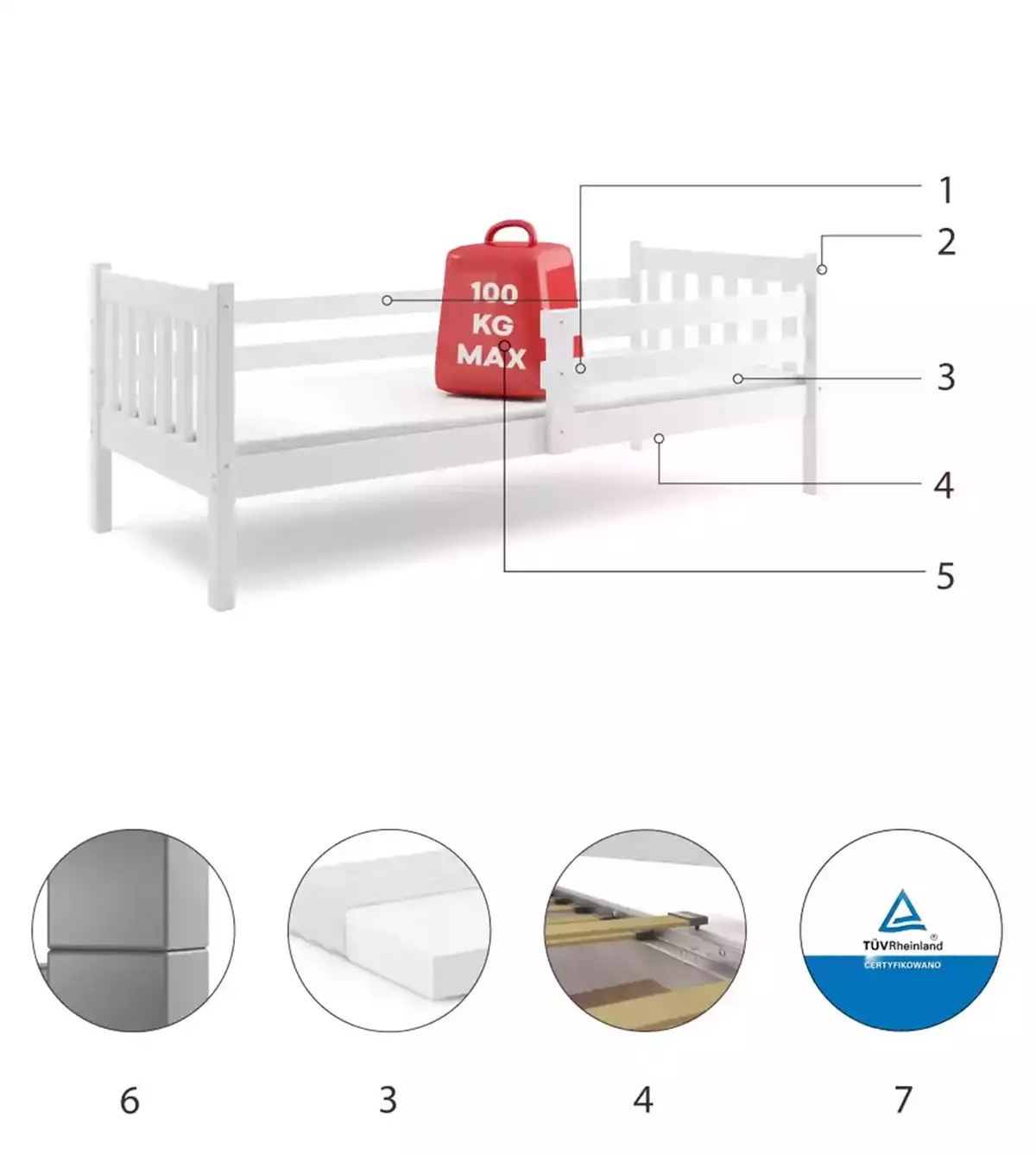 Composants pour Lit ado simple Carino 90X190 avec matelas, blanc Composants pour Lit ado simple Carino 90X190 avec matelas, blanc