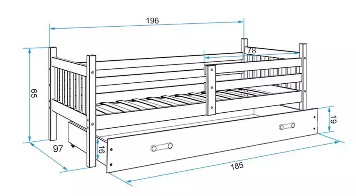 Dimensions et spécifications pour Lit ado simple Carino 90X190 avec matelas et tiroir, blanc/vert Dimensions et spécifications pour Lit ado simple Carino 90X190 avec matelas et tiroir, blanc/vert