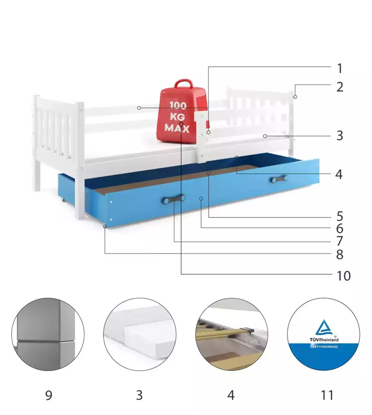 Composants pour Lit ado simple Carino 90X190 avec tiroir, blanc/bleu Composants pour Lit ado simple Carino 90X190 avec tiroir, blanc/bleu