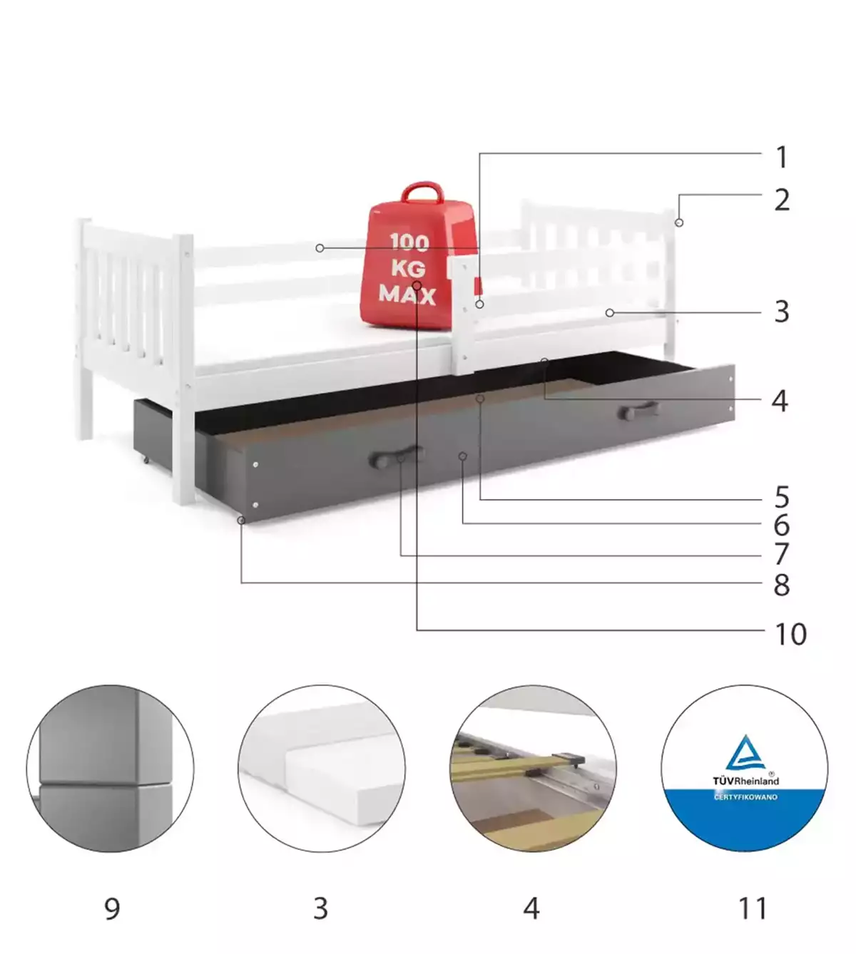 Composants pour Lit ado simple Carino 90X190 avec tiroir, blanc/gris Composants pour Lit ado simple Carino 90X190 avec tiroir, blanc/gris