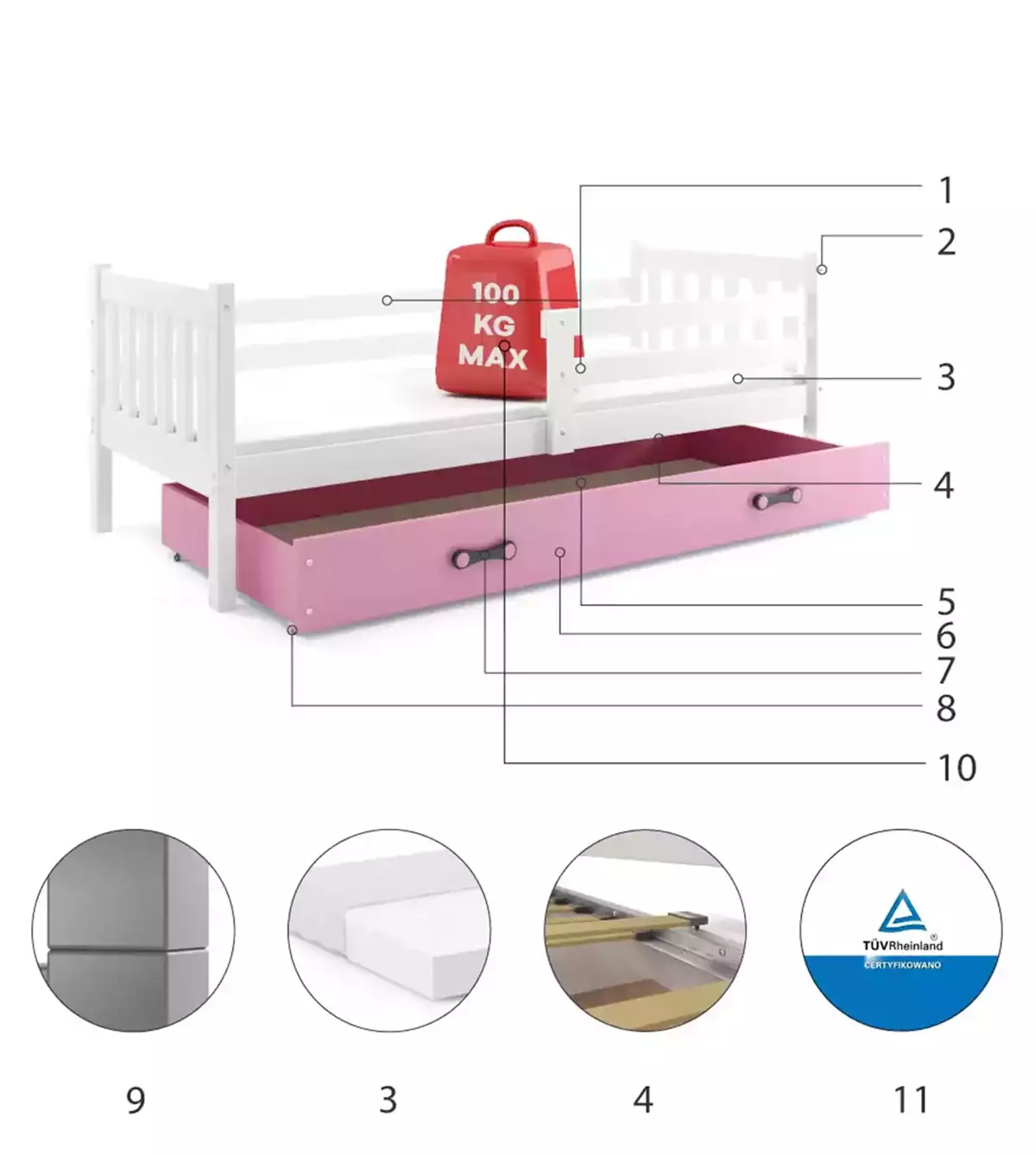 Composants pour Lit ado simple Carino 90X190 avec tiroir, blanc/rose Composants pour Lit ado simple Carino 90X190 avec tiroir, blanc/rose