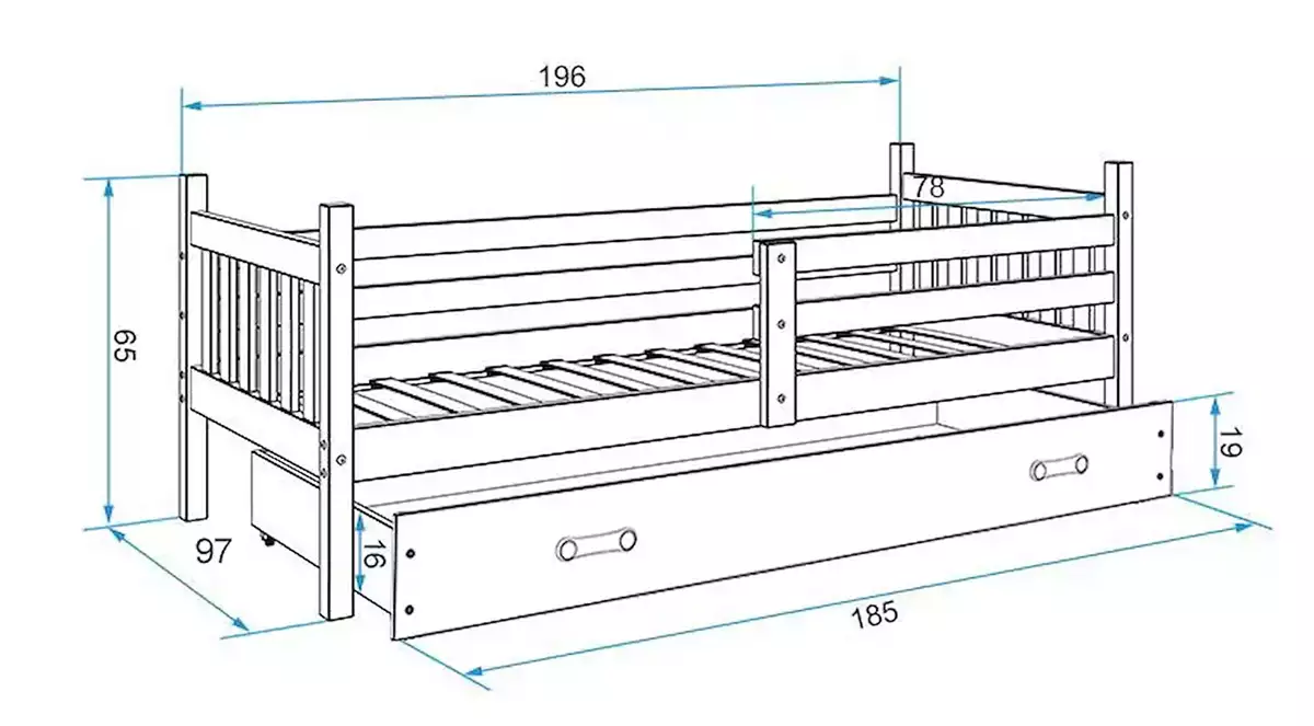 Dimensions et spécifications pour Lit ado simple Carino 90X190 avec tiroir, blanc/vert Dimensions et spécifications pour Lit ado simple Carino 90X190 avec tiroir, blanc/vert