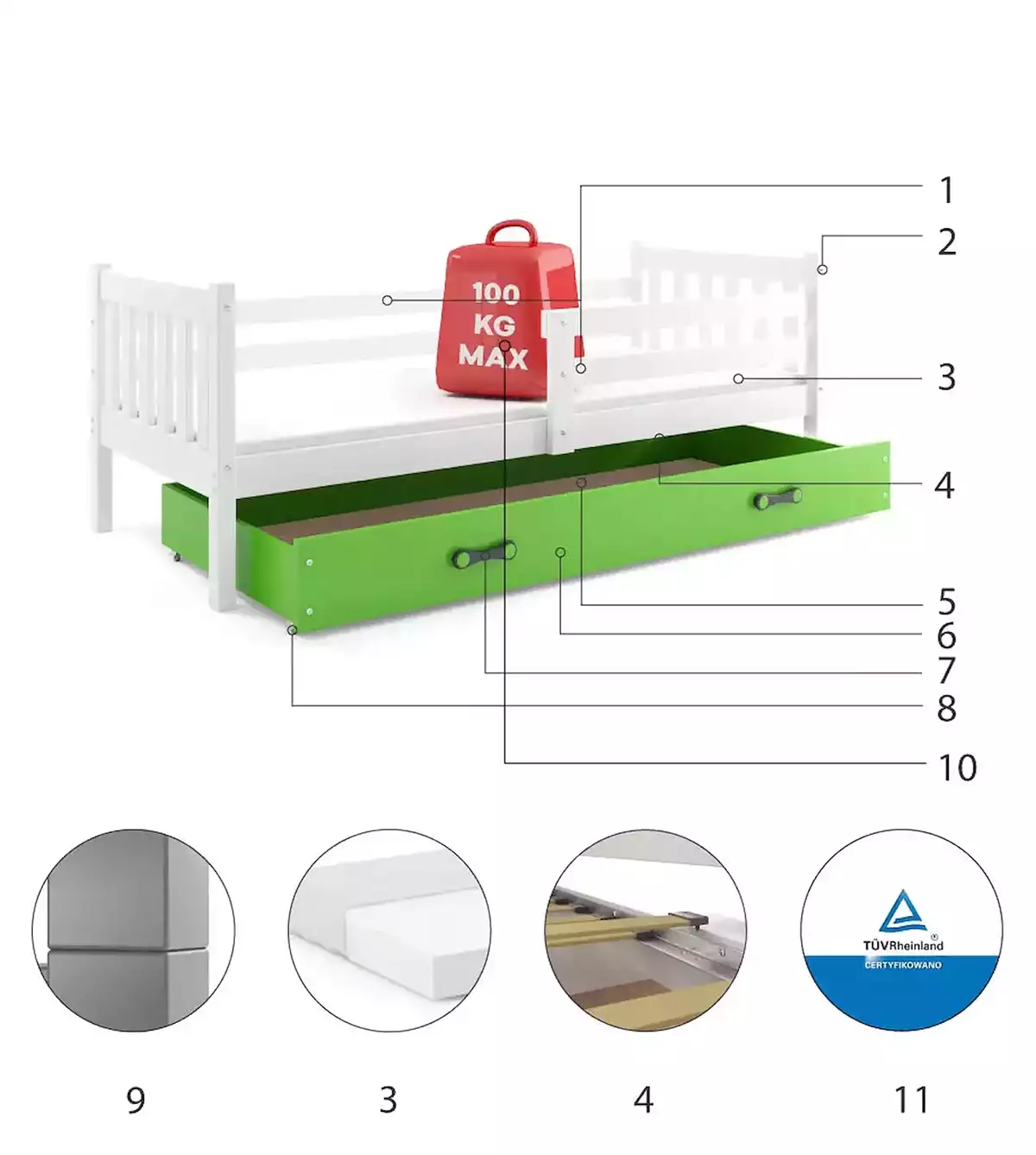 Composants pour Lit ado simple Carino 90X190 avec tiroir, blanc/vert Composants pour Lit ado simple Carino 90X190 avec tiroir, blanc/vert