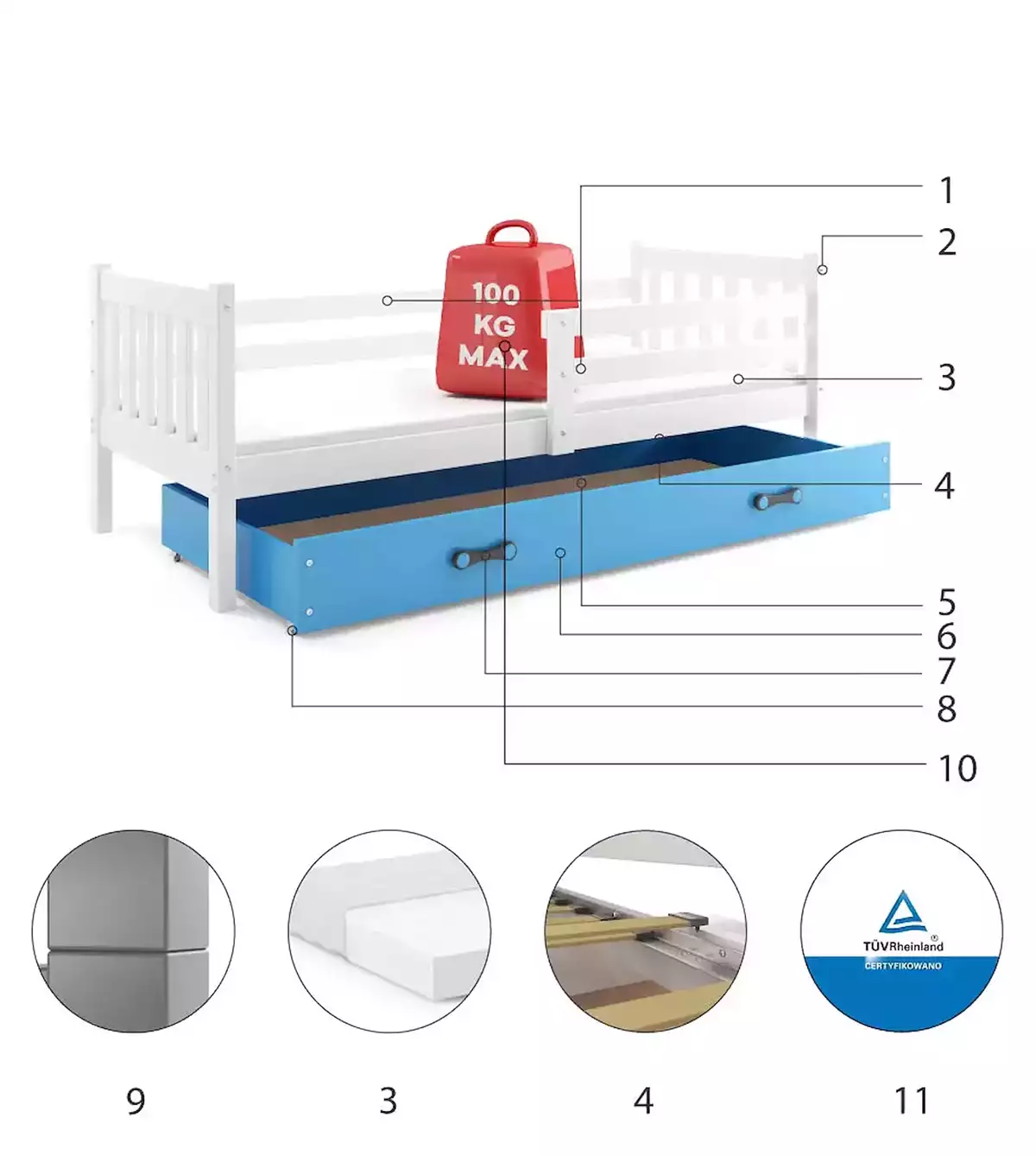 Composants pour Lit ado simple Carino 90X200 avec tiroir, blanc/bleu Composants pour Lit ado simple Carino 90X200 avec tiroir, blanc/bleu