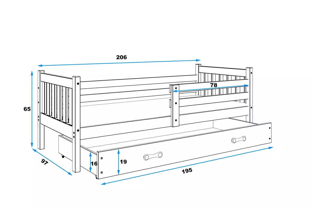 Dimensions et spécifications pour Lit ado simple Carino 90X200 avec tiroir, blanc Dimensions et spécifications pour Lit ado simple Carino 90X200 avec tiroir, blanc