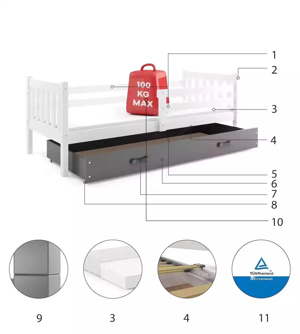 Composants pour Lit ado simple Carino 90X200 avec tiroir, blanc/gris Composants pour Lit ado simple Carino 90X200 avec tiroir, blanc/gris