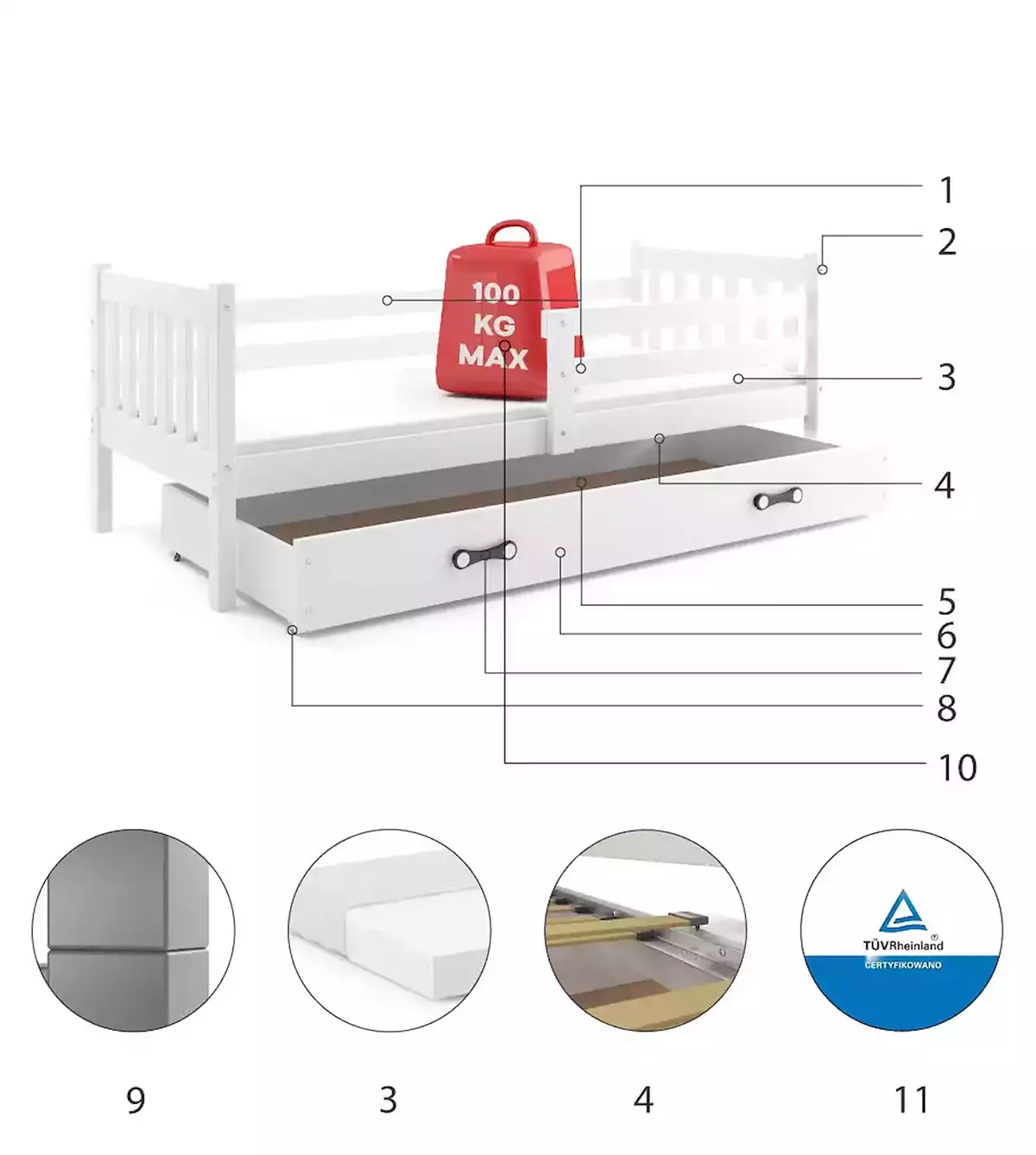 Composants pour Lit ado simple Carino 90X200 avec tiroir, blanc Composants pour Lit ado simple Carino 90X200 avec tiroir, blanc