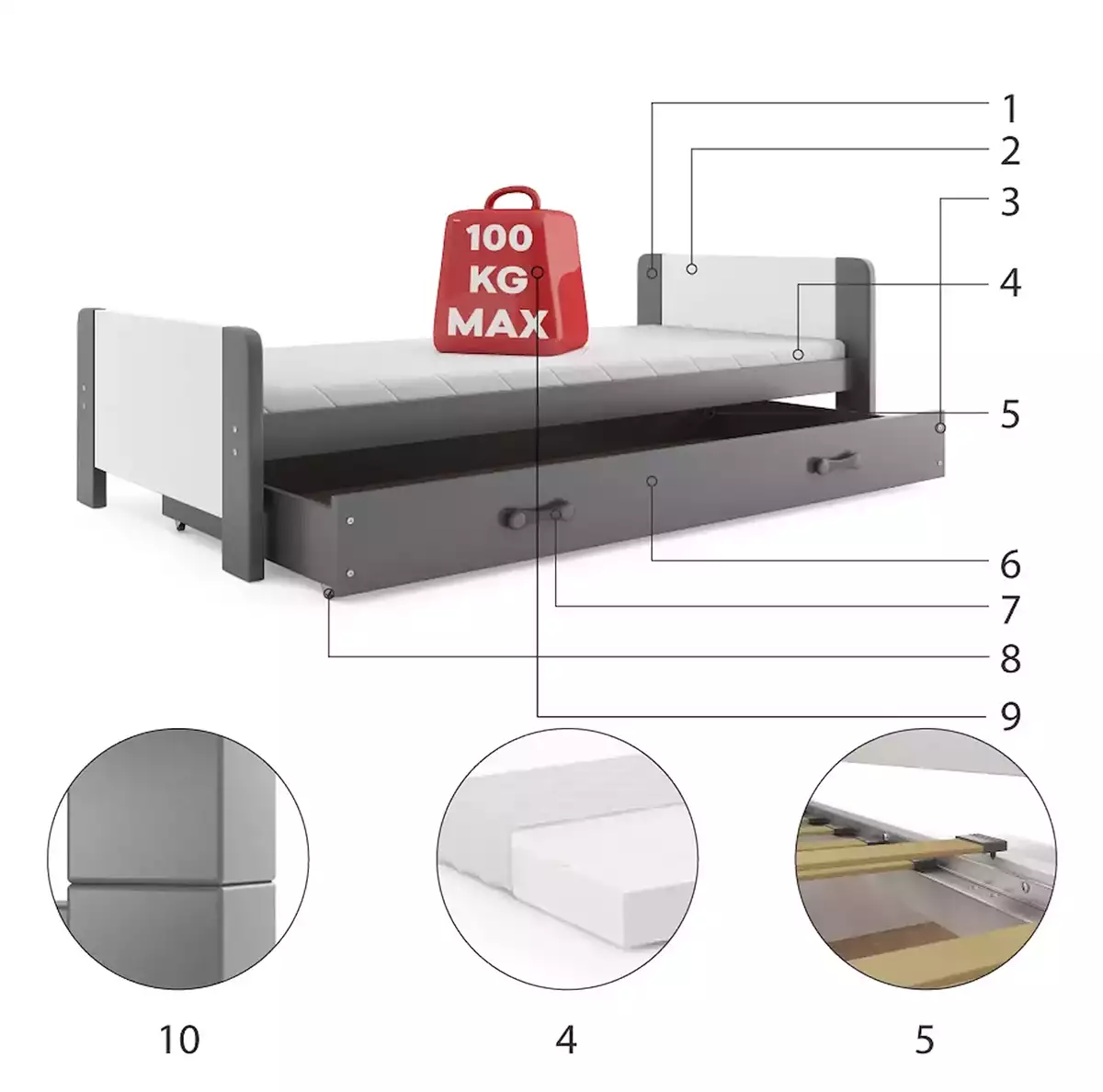 Composants pour Lit ado simple Darek 80X200 avec matelas et tiroir, gris Composants pour Lit ado simple Darek 80X200 avec matelas et tiroir, gris